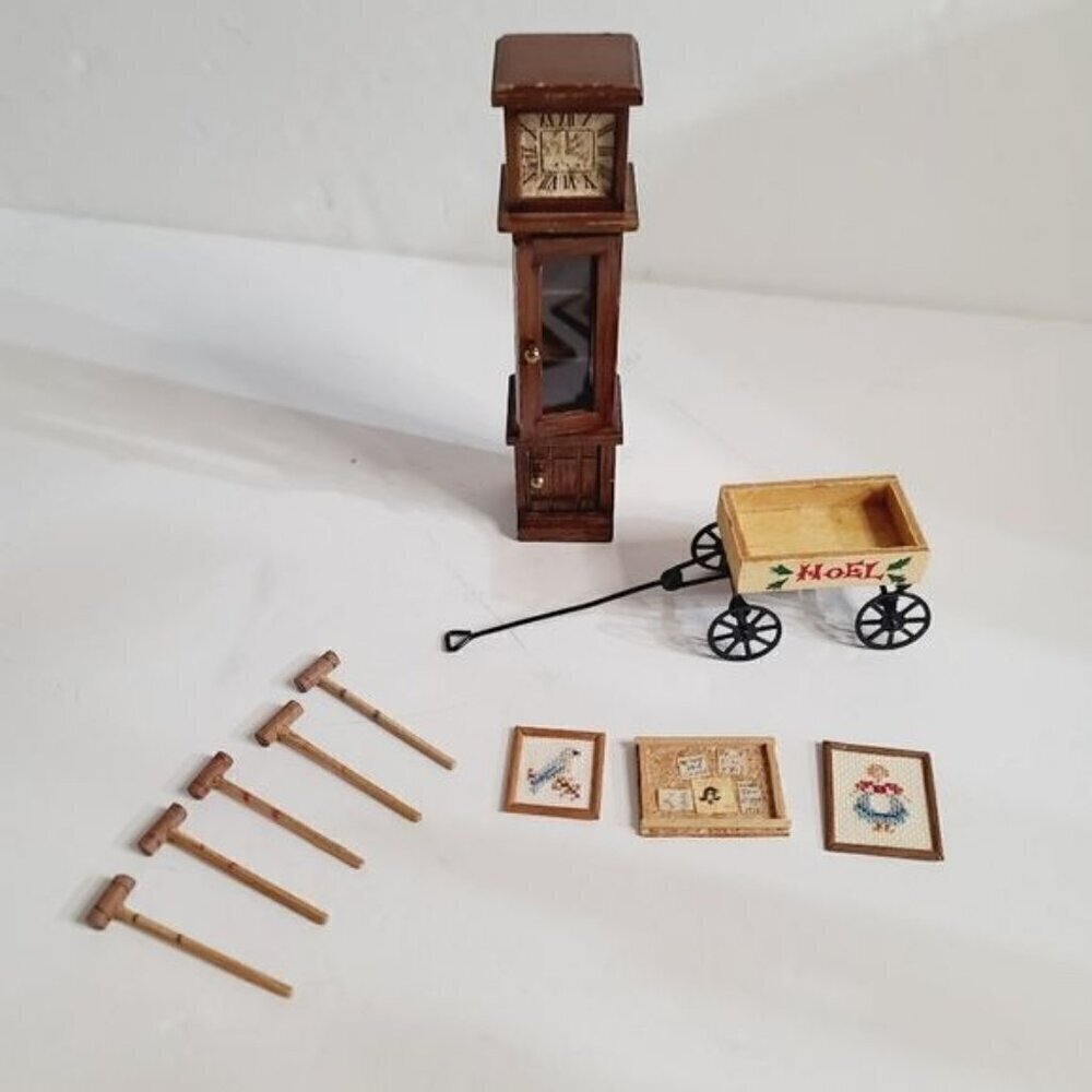 Vintage Antique Dollhouse Furniture Miniatures Clock Wall Art Croquet